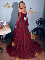 Burgundy Lace Long Sleeve Prom Dress