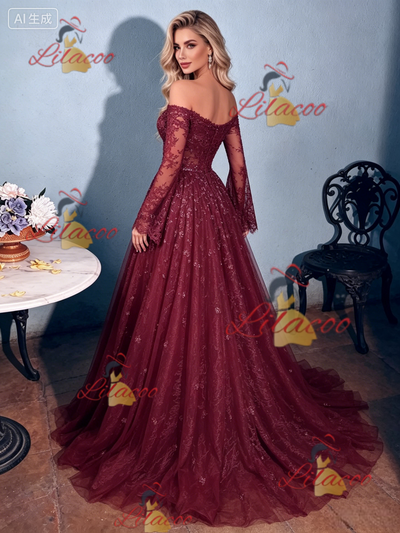 Burgundy Lace Long Sleeve Prom Dress