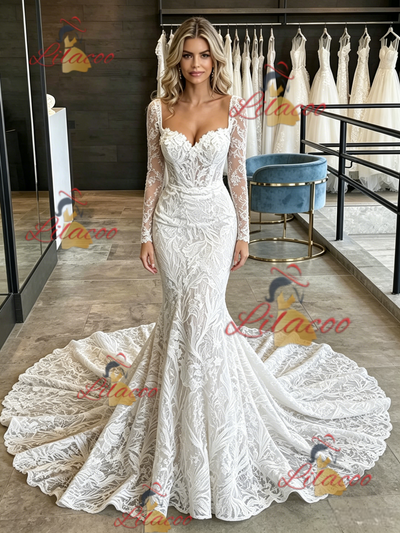 White Mermaid Lace Long Sleve Square Neck Wedding Dress