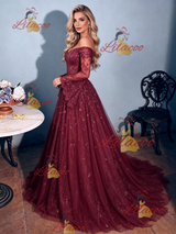Burgundy Lace Long Sleeve Prom Dress