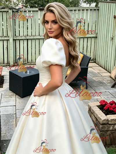 Ivory Satin Puff Sleeve Prom Dress