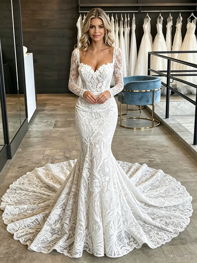 White Mermaid Lace Long Sleve Square Neck Wedding Dress