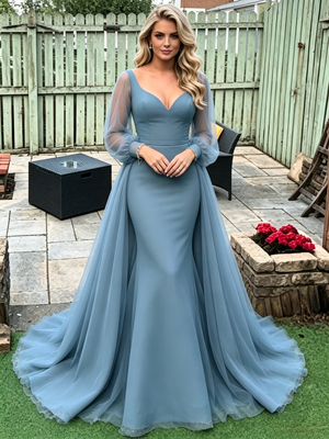 Blue Mermaid Long Sleeve V-neck Prom Dress