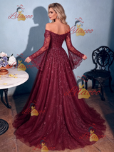 Burgundy Lace Long Sleeve Prom Dress