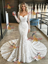 White Mermaid Lace Long Sleve Square Neck Wedding Dress