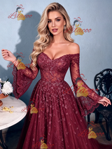 Burgundy Lace Long Sleeve Prom Dress