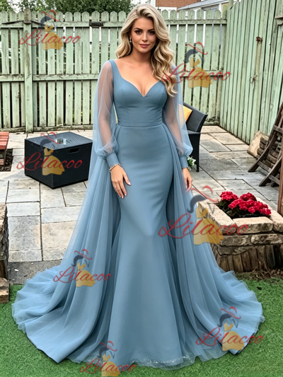 Blue Mermaid Long Sleeve V-neck Prom Dress