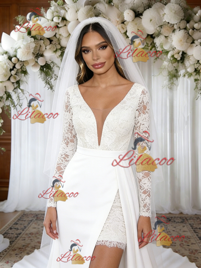White Lace Long Sleeve V-neck Wedding Dress