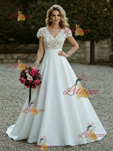 White Satin Cap Sleeve V-neck Wedding Dress