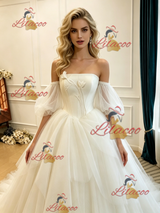 Ivory Tulle Strapless Puff Sleeve Wedding Dress