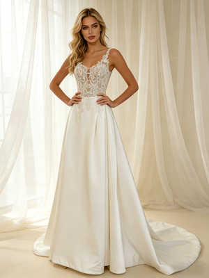 Beige White Satin Straps Appliques Wedding Dress