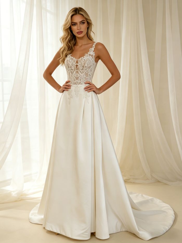 Beige White Satin Straps Appliques Wedding Dress