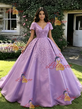 Purple V-neck Short Sleeve Appliques Quinceanera Dress