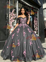 Gray Tulle Short Sleeve Appliques Quinceanera Dress
