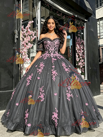 Gray Tulle Short Sleeve Appliques Quinceanera Dress