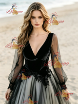 Black Long Sleeve Appliques Wedding Dress