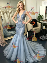 Blue Gray Mermaid Tulle Prom Dress