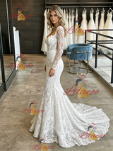 White Mermaid Lace Long Sleve Square Neck Wedding Dress