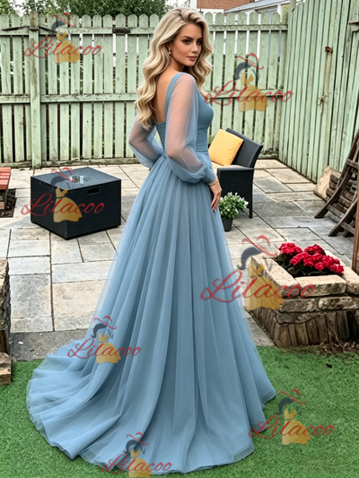 Blue Mermaid Long Sleeve V-neck Prom Dress