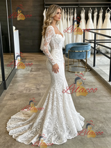 White Mermaid Lace Long Sleve Square Neck Wedding Dress