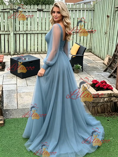 Blue Mermaid Long Sleeve V-neck Prom Dress
