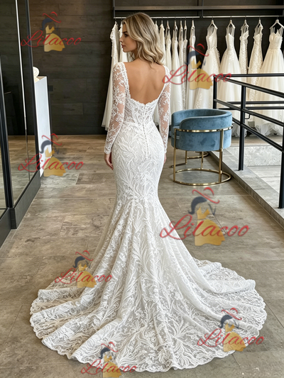 White Mermaid Lace Long Sleve Square Neck Wedding Dress