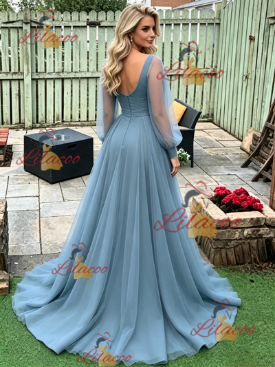 Blue Mermaid Long Sleeve V-neck Prom Dress