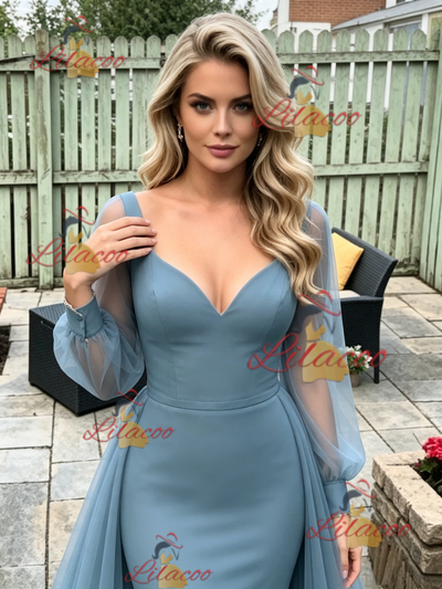 Blue Mermaid Long Sleeve V-neck Prom Dress