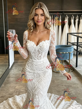White Mermaid Lace Long Sleve Square Neck Wedding Dress