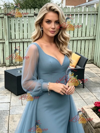 Blue Mermaid Long Sleeve V-neck Prom Dress