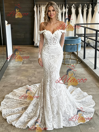 White Mermaid Lace Long Sleeve Wedding Dress