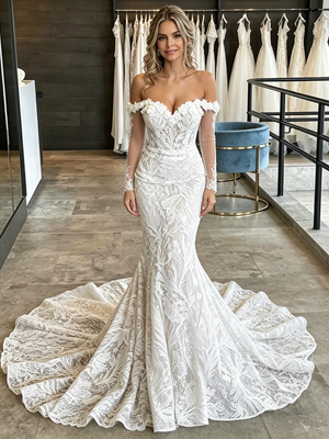 White Mermaid Lace Long Sleeve Wedding Dress