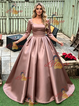 Short Sleeve Satin Pleats Prom Dress