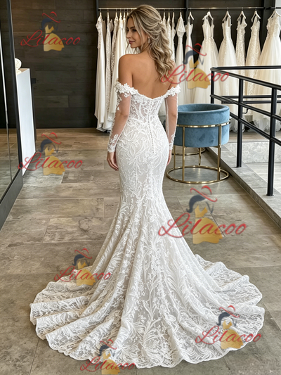 White Mermaid Lace Long Sleeve Wedding Dress