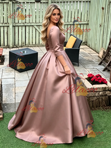 Short Sleeve Satin Pleats Prom Dress