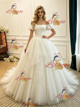Beige White Tulle Off the Shoulder Wedding Dress