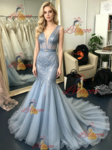 Blue Gray Mermaid Tulle Prom Dress