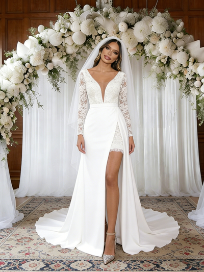White Lace Long Sleeve V-neck Wedding Dress