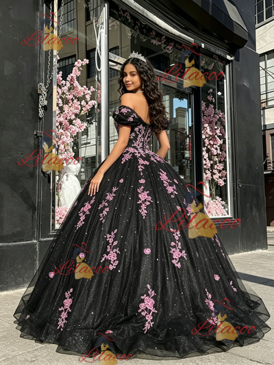 Black Tulle Off the Shoulder Appliques Quinceanera Dress