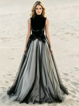 Black Tulle High Neck Appliques Wedding Dress