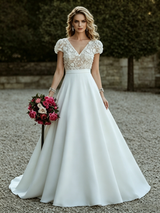 White Satin Cap Sleeve V-neck Wedding Dress