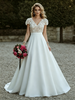 White Satin Cap Sleeve V-neck Wedding Dress