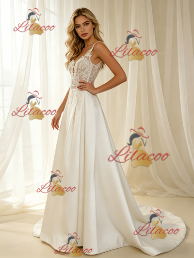 Beige White Satin Straps Appliques Wedding Dress