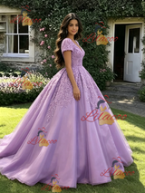Purple V-neck Short Sleeve Appliques Quinceanera Dress