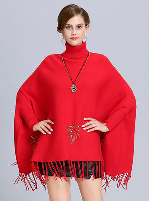 Loose High-necked Fringed Bat Sleeve Cloak Shawl