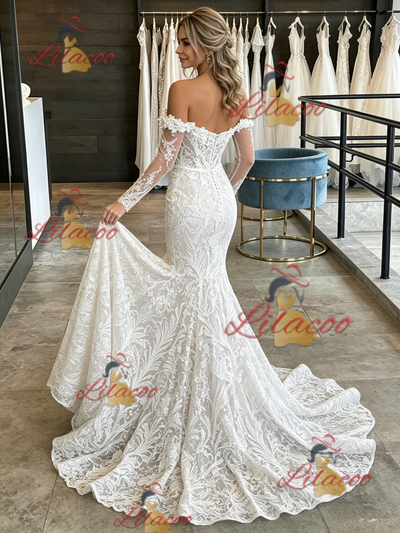White Mermaid Lace Long Sleeve Wedding Dress