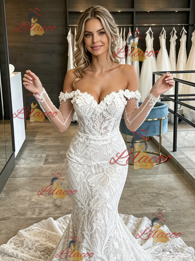 White Mermaid Lace Long Sleeve Wedding Dress