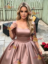 Short Sleeve Satin Pleats Prom Dress