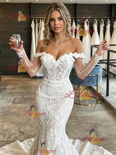 White Mermaid Lace Long Sleeve Wedding Dress