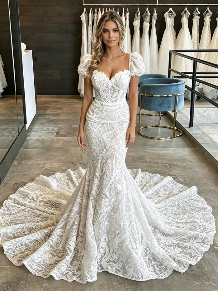 White Mermaid Lace Puff Sleeve Wedding Dress